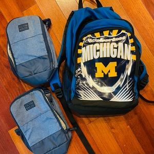 Michigan backpack and two blue lunch bags